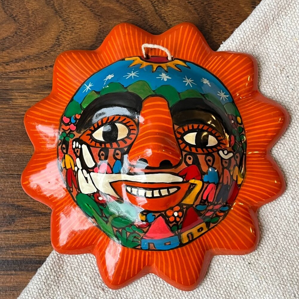 Mexican Folk Art Hand-Painted Talavera Terracotta Sun Face Wall Hanging Decor